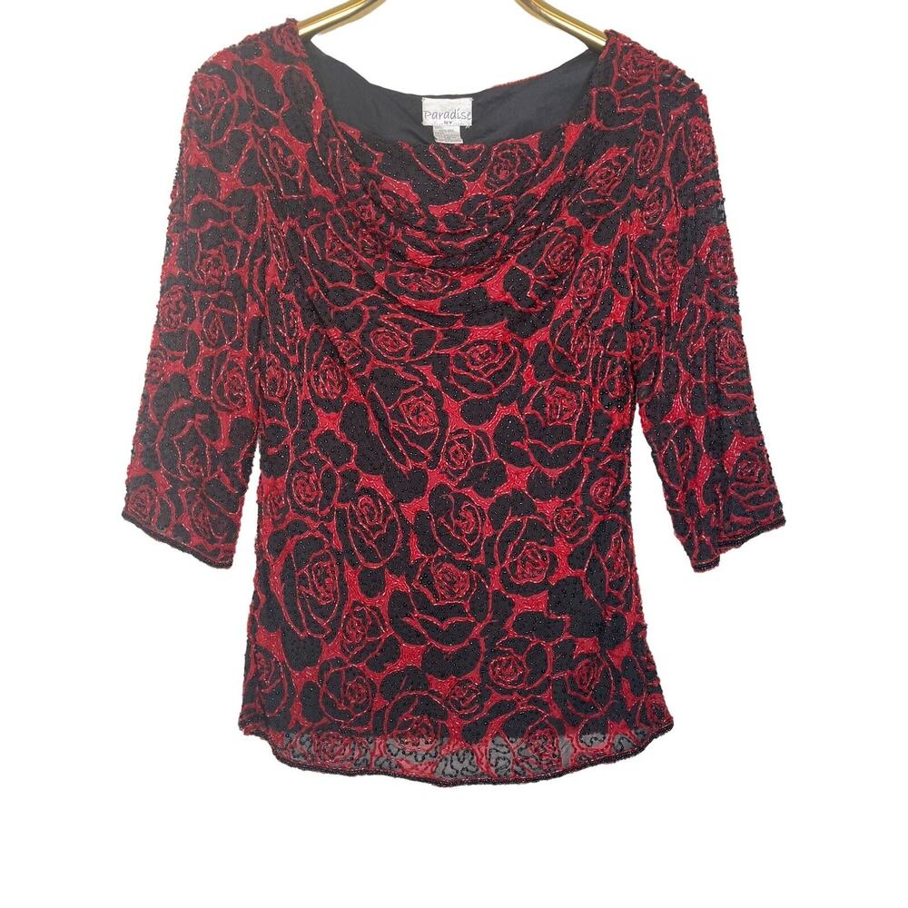 Vintage Paradise NY Size Medium Silk Beaded Formal Top Drape Neck Red Roses